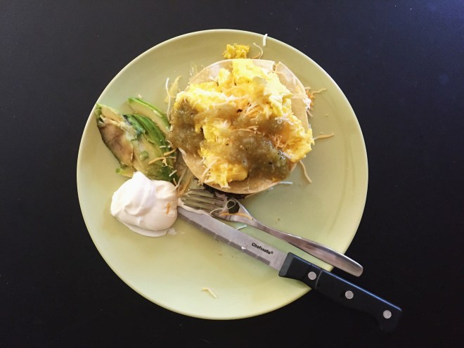 Stacked breakfast tacos with salsa verde—it's what's for breakfast.